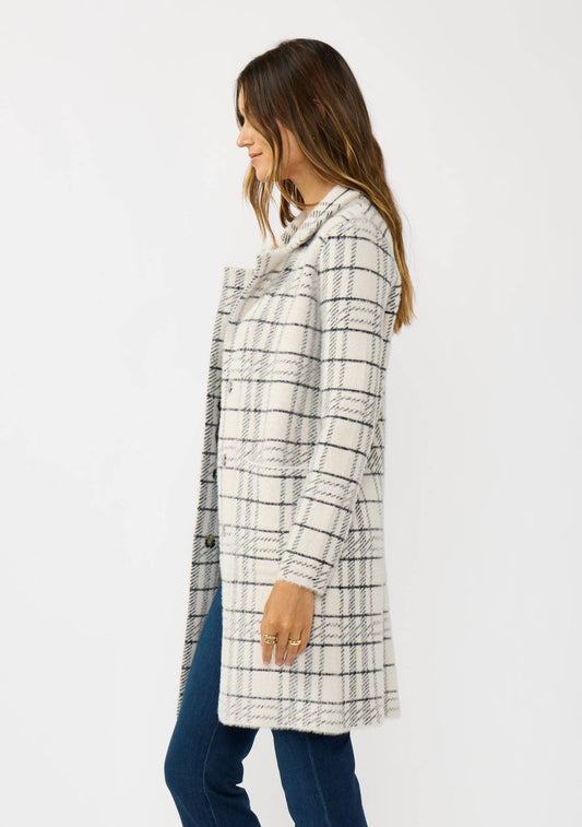 Plaid Notched Collar Button Front Cardigan: Cream/Black
