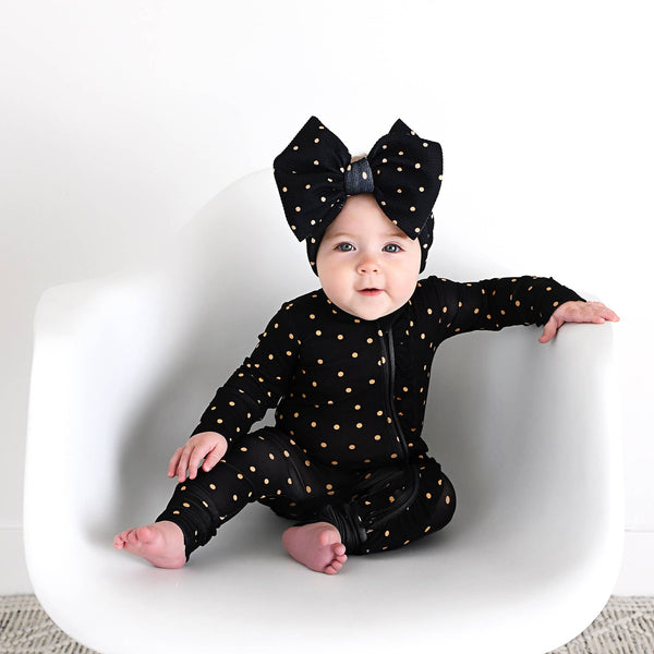 Hope Gold Dot Ruffle Zip Bamboo Baby New Years Eve Outfit: 12-18m - Lulu Bella Boutique