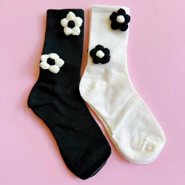 Puffy Daisy Embellished Socks Set Of 2 - Lulu Bella Boutique