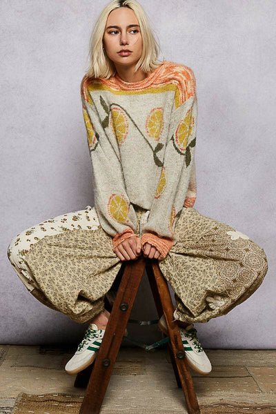 Long sleeve fruit motif pattern multi-colored sweater top: ORANGE/NATURAL MULTI / S - Lulu Bella Boutique