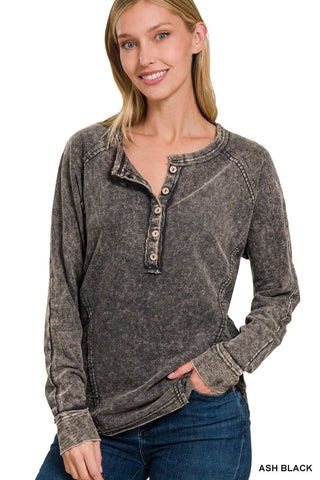 This Mineral Wash Terry Henley Top is a wardrobe staple for any wardrobe. Its mineral wash and raw details give it a unique, stylish look. Keep it classic with this trendy henley top perfect for any occasion.  - 100% COTTON FRENCH TERRY - RAW HEM - BACK PATCH - SEAM DETAILS - BUTTON HENLEY NECKLINE