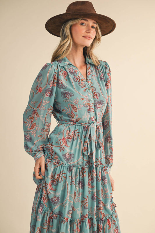 PAISLEY PRINT RUFFLE TIERED MIDI DRESS: SEAFORM