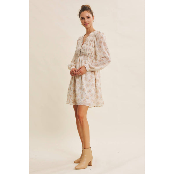 BRDIGES SEASONS WITH GRACE FLORAL SMOCKED BABYDOLL DRESS: CHAMPAGNE / S - Lulu Bella Boutique