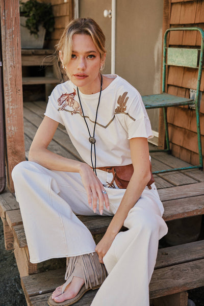 23376T -  Embroidered Shoulder Western Yoke T-Shirt: OFF WHITE / S - Lulu Bella Boutique