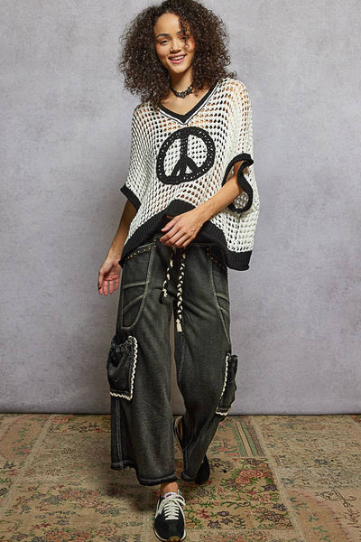 Oversize v-neck short sleeve peace sign sweater SALE: IVORY/BLACK / S - Lulu Bella Boutique