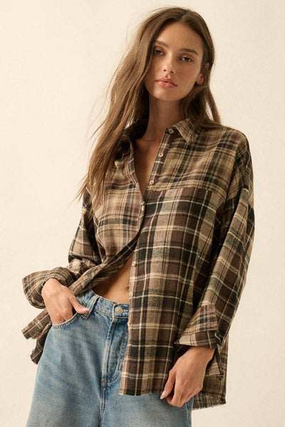 Colorblock Plaid Flannel Loose-Fit Button-Up Shirt: Brown - Lulu Bella Boutique