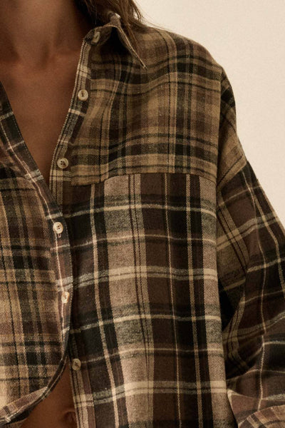 Colorblock Plaid Flannel Loose-Fit Button-Up Shirt: Brown - Lulu Bella Boutique