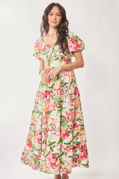 FLORAL SHORT PUFF SLEEVES SWEETHEART MAXI DRESS: WHITE RED / M - Lulu Bella Boutique