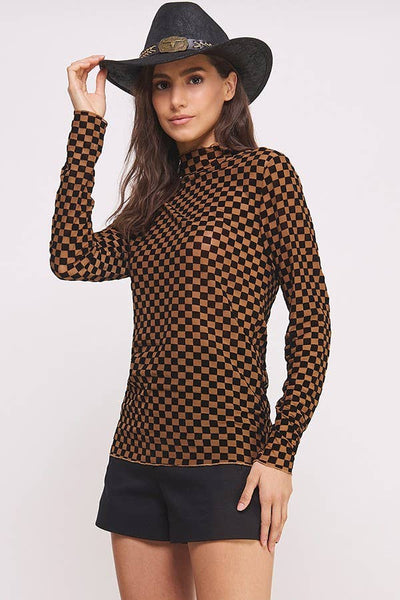 LONG SLEEVE CHECKERED MESH MOCK NECK TOP: MOCHA/BLACK / S - Lulu Bella Boutique