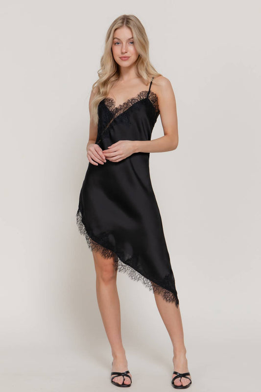 V-neck Asymmetric Lace Satin Dress Top: Black