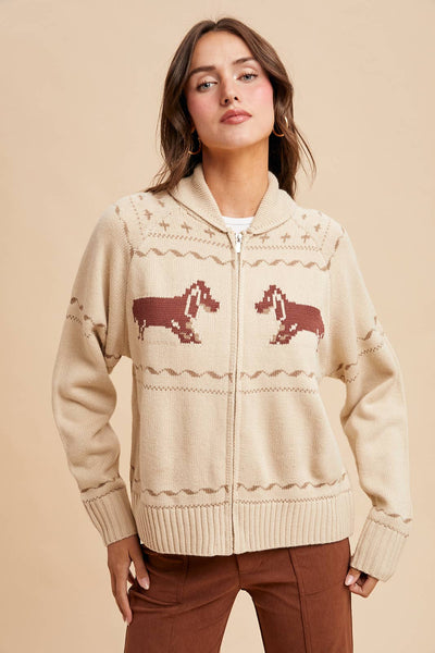 DACHSHUND ZIP UP CARDIGAN: OATMEAL CREME / L - Lulu Bella Boutique