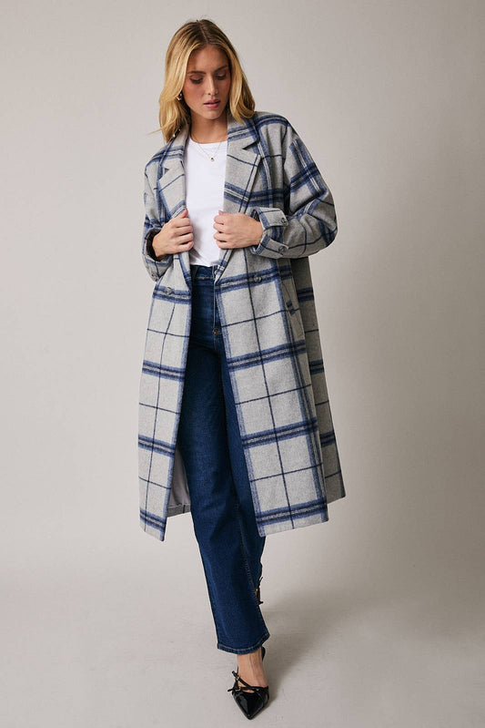 LONG SLEEVE COAT IN PLAID: GREY-BLUE PLAID