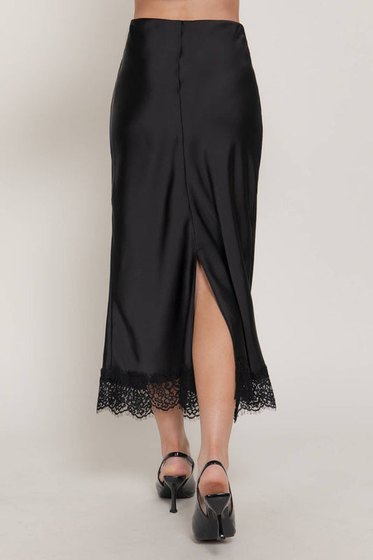 Mid-rise Lace Trim Satin Midi Skirt: BLACK