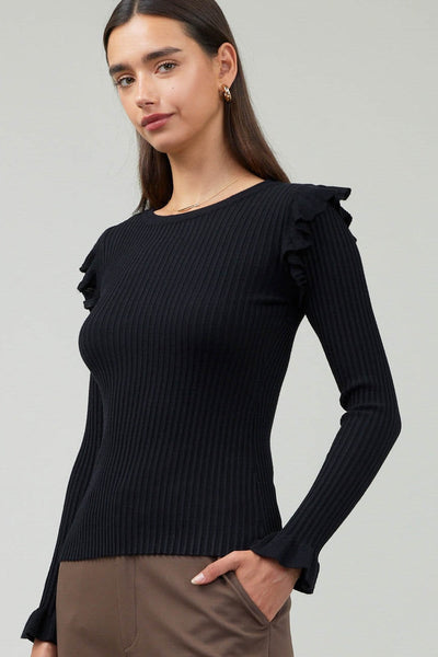 Ruffle Shoulder Rib Sweater - Lulu Bella Boutique