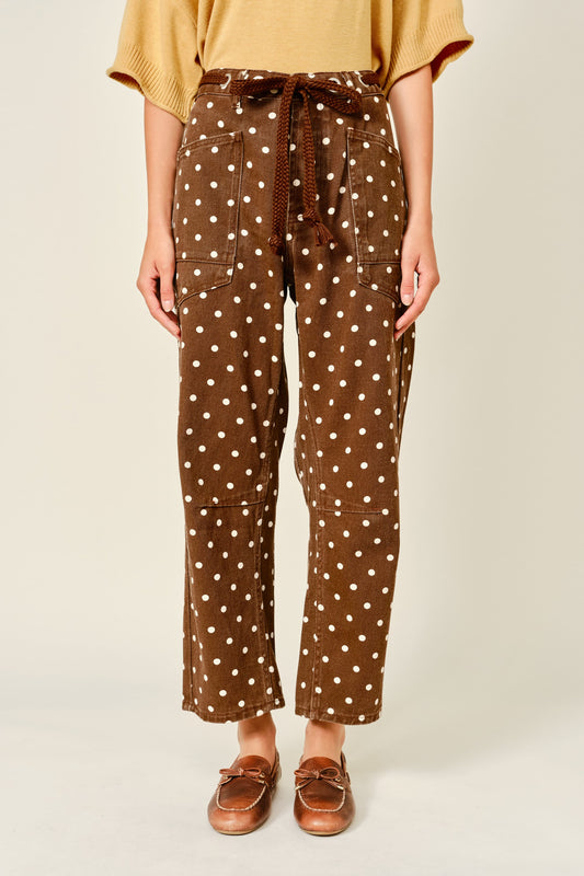 Polka Dot Barrel Denim Pants With Eyelet Waist