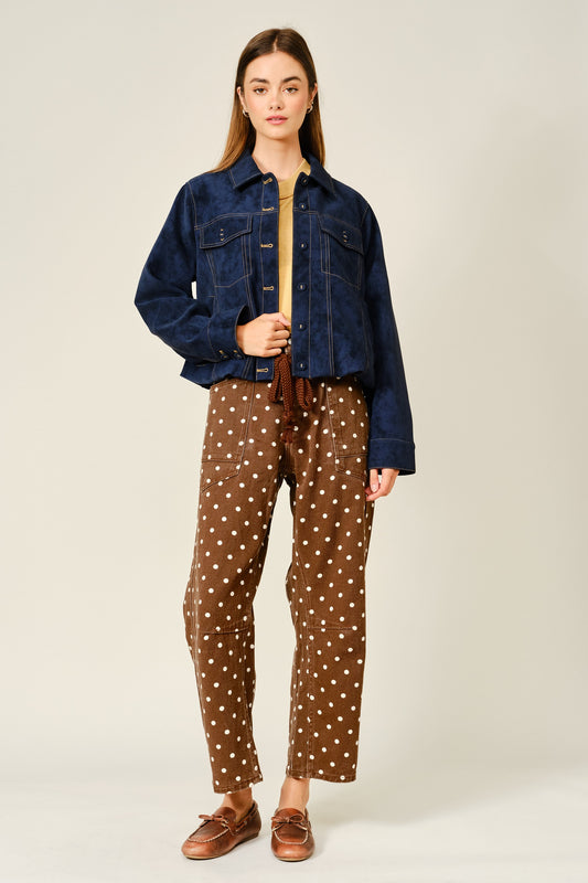 Polka Dot Barrel Denim Pants With Eyelet Waist