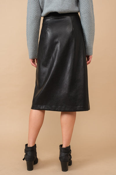 Charlotte Midi Button Leather Skirt in Black