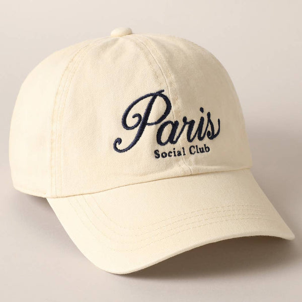 Paris Social Club Text Embroidery Baseball Cap: Beige / ONE SIZE - Lulu Bella Boutique