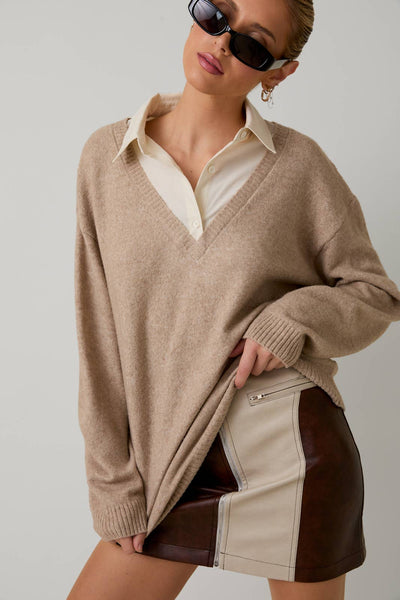 LONG SLEEVE SHIRT COLLAR LAYERED PULL OVER SWEATER TOP: OATMEAL / S - Lulu Bella Boutique