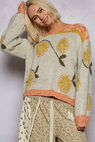 Long sleeve fruit motif pattern multi-colored sweater top: ORANGE/NATURAL MULTI / S - Lulu Bella Boutique