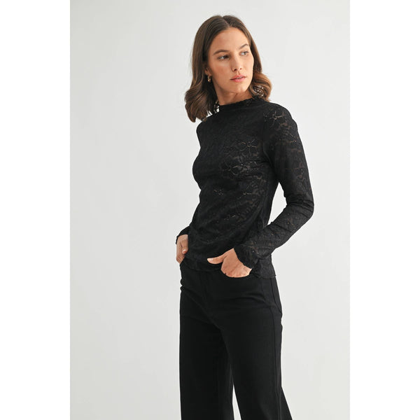 LACE MOCK NECK TOP: Black / S-M-L(2-2-2) - Lulu Bella Boutique