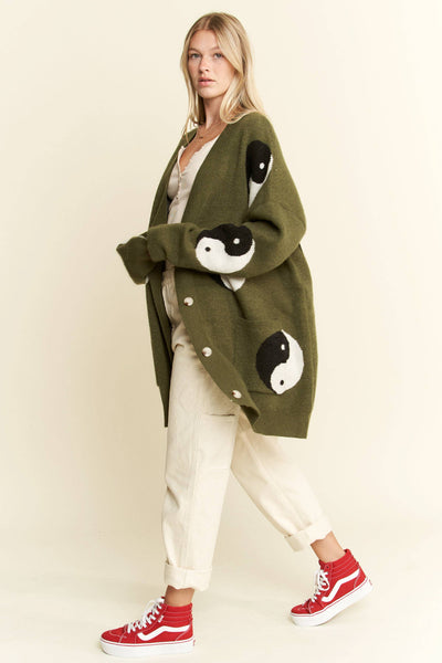 OVER SIZED YIN YANG CARDIGAN: OLIVE / S/M - Lulu Bella Boutique