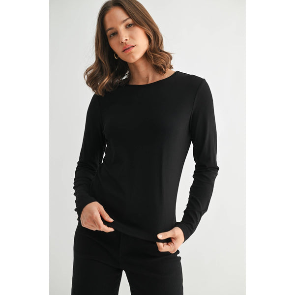 ROUND NECK LONG SLEEVE KNIT TOP: Black / S-M-L(2-2-2) - Lulu Bella Boutique