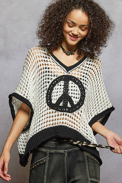 Oversize v-neck short sleeve peace sign sweater SALE: IVORY/BLACK / S - Lulu Bella Boutique