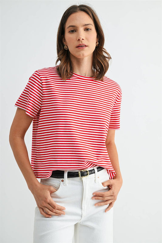 STRIPE SHORT SLEEVE TOP: Red