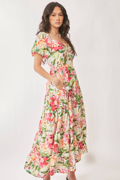 FLORAL SHORT PUFF SLEEVES SWEETHEART MAXI DRESS: WHITE RED / M - Lulu Bella Boutique