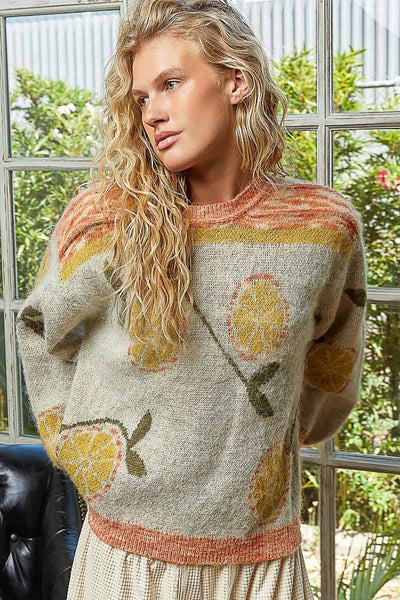 Long sleeve fruit motif pattern multi-colored sweater top: ORANGE/NATURAL MULTI / S - Lulu Bella Boutique