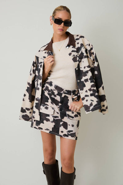COW PRINT BARN JACKET: TAUPE-BROWN ANIMAL / S - Lulu Bella Boutique
