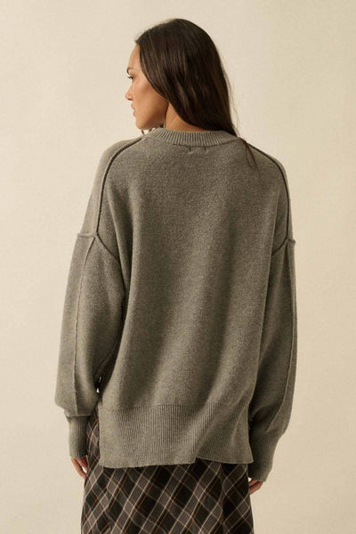 Embroidered Tigers Solid Knit Exposed-Seam Sweater: Grey / S - Lulu Bella Boutique