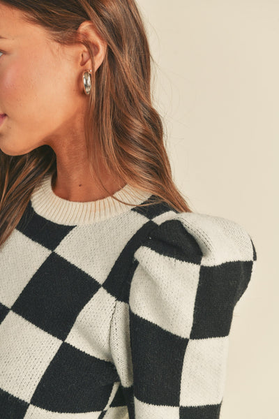 Checkered Puff Sleeve Sweater
