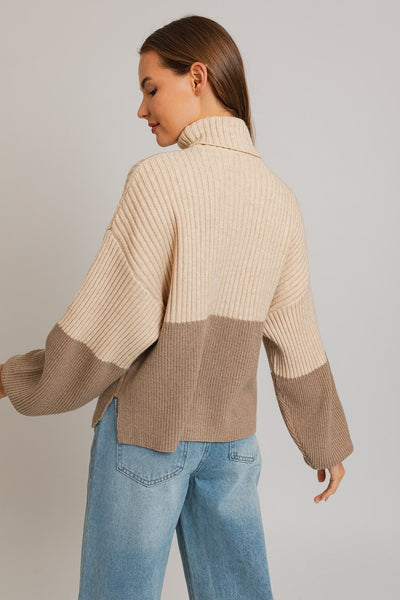 Color Block Turtleneck Sweater Top in Taupe & Cream