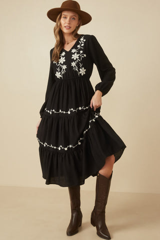 Floral Crochet Detailed Long Sleeve Dress in Black