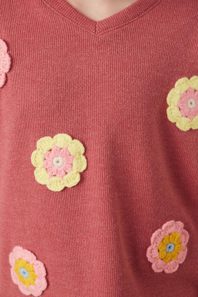 Girls Handmade Crochet Floral Detail Knit Top - Lulu Bella Boutique