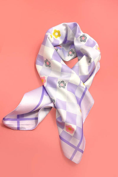 FLOWER DAISY PRINT SILKY FEEL BANDANA SCARF: Lilac - Lulu Bella Boutique
