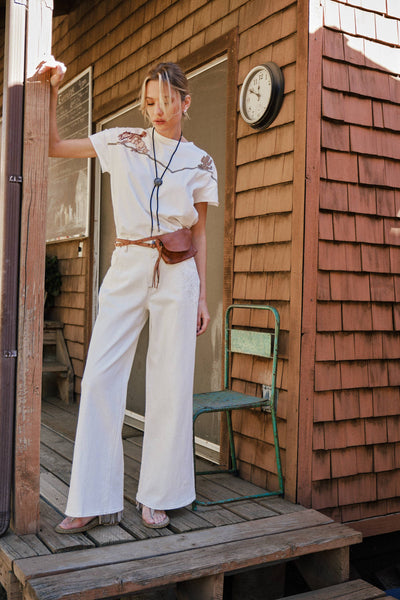 23376T -  Embroidered Shoulder Western Yoke T-Shirt: OFF WHITE / S - Lulu Bella Boutique