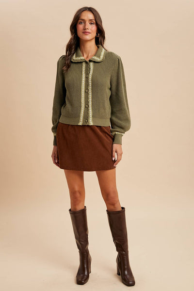 DOLL COLLAR KNITTED CARDIGAN: OLIVE / S - Lulu Bella Boutique