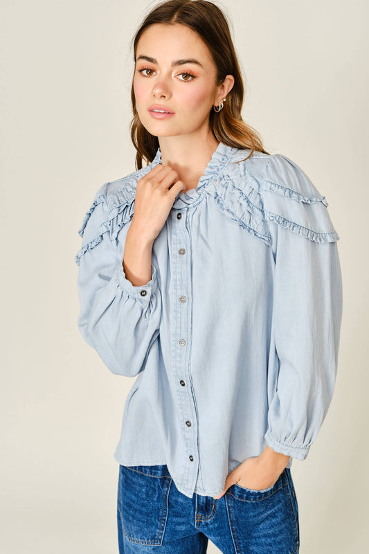 RUFFLES LONG SLEEVE CHAMBRAY TOP: LT DENIM