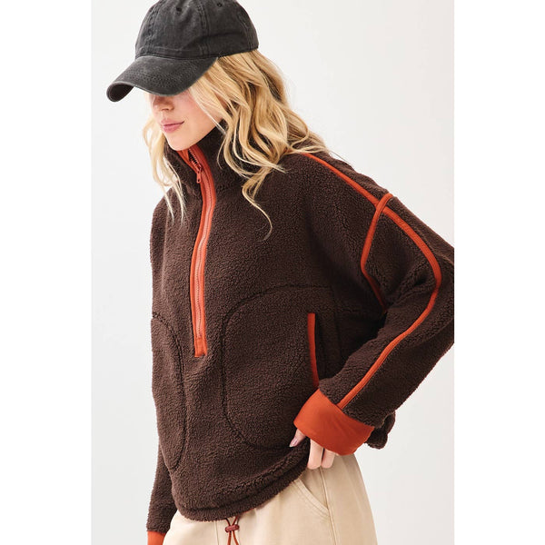HALF ZIP CONTRAST DETAIL FLEECE SWEATSHIRT: BROWN / S-M-L(2-2-2) - Lulu Bella Boutique