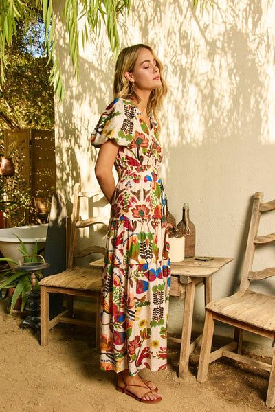 FLORAL PRINT TIERED MAXI DRESS - 5943D: IVORY/RED / M - Lulu Bella Boutique