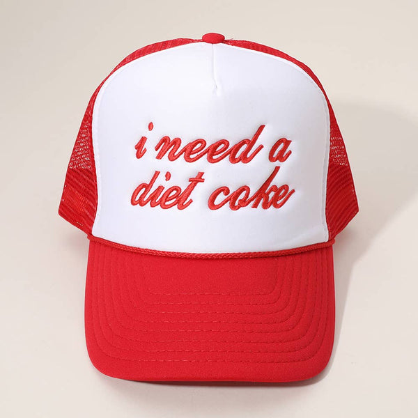 I NEED A DIET COKE Embroidered Mesh Back Scuba Trucker Hat - Lulu Bella Boutique