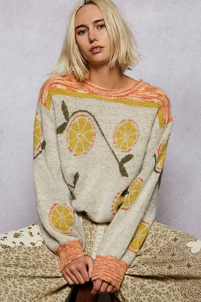 Long sleeve fruit motif pattern multi-colored sweater top: ORANGE/NATURAL MULTI / S - Lulu Bella Boutique