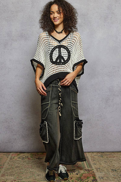 Oversize v-neck short sleeve peace sign sweater SALE: IVORY/BLACK / S - Lulu Bella Boutique