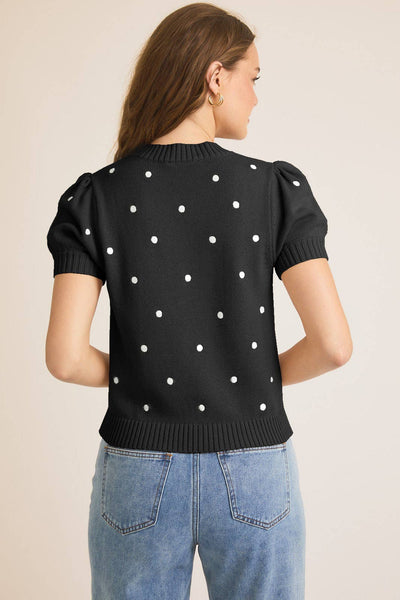 ROUND NECK PUFF SHORT SLEEVE "POLKA DOT" EMBROIDERED SWEATER: BLACK-IVORY DOT / S - Lulu Bella Boutique