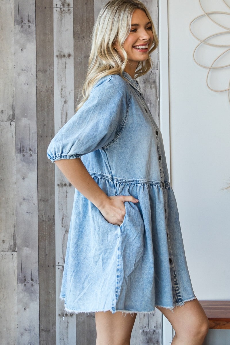 Puff Sleeve Button Down Denim Dress lulubellaboutique