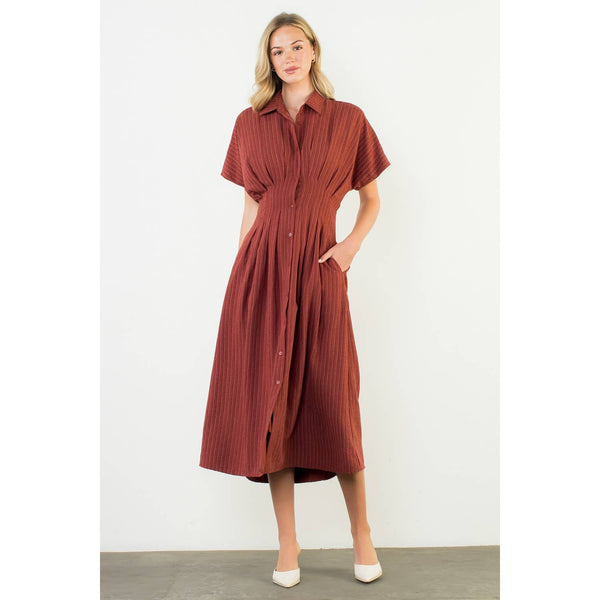 Collared Short Sleeve Button Front Maxi Dress: BURGUNDY / XS-S-M-L(1-2-2-1) - Lulu Bella Boutique