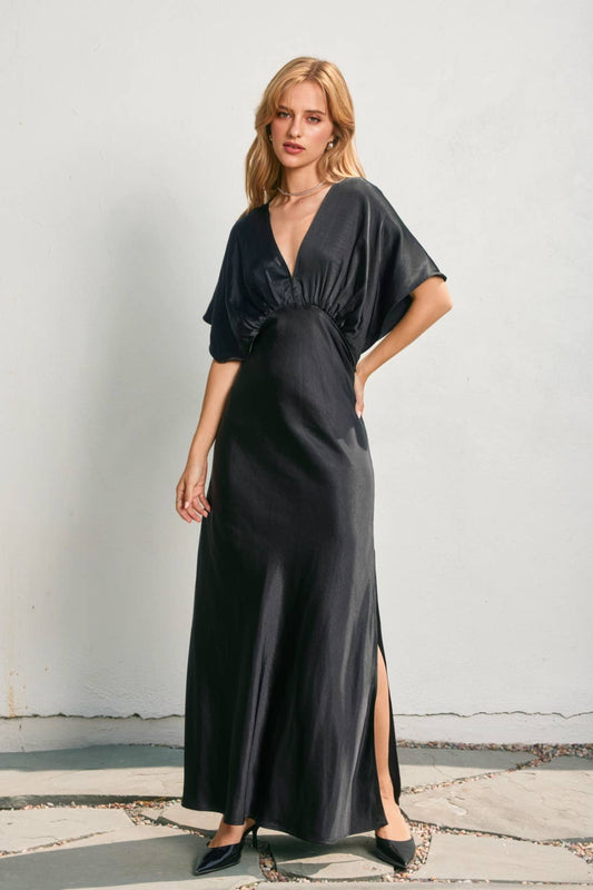Satin Blouson Maxi Dress: BLACK